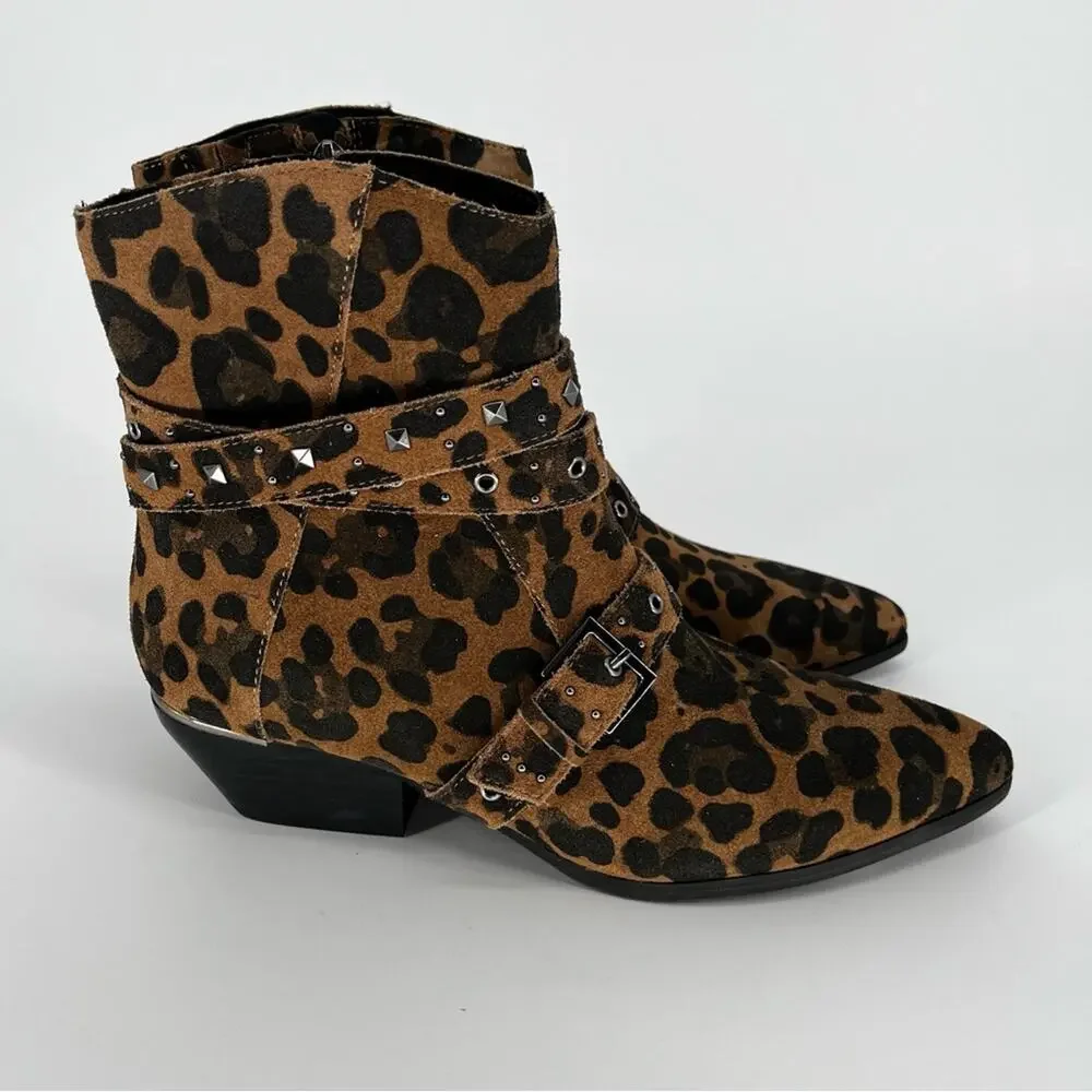 Kenneth Cole Cheyenne Stud Leaopard Suede Ankle booties brown black - 9